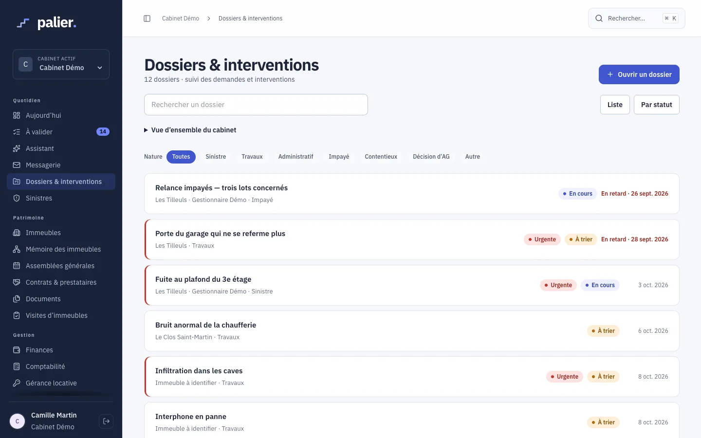 La liste des dossiers et interventions, avec leur urgence, leur statut et leur échéance.