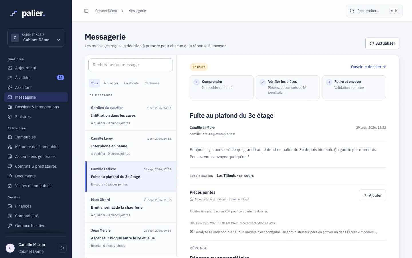 La messagerie de Palier : un mail de copropriétaire rattaché à son immeuble, avec les étapes comprendre, vérifier les pièces, relire et envoyer.